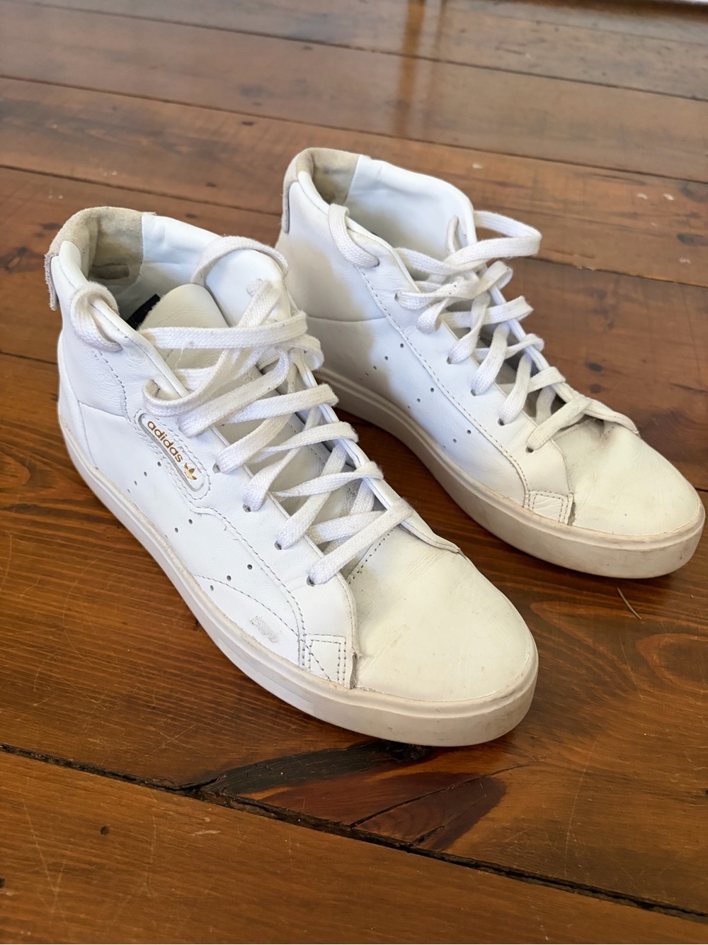 adidas White High-Top Leather Sneakers with Gold Logo